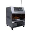 Round Shape Lunch Box Semi-Auto Sealing Machine crafted from industrial-grade stainless steel, equipped with a top-mounted control panel featuring digital displays and buttons. A transparent section reveals the internal components, and the machine is supported by four short legs.