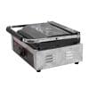 The Commercial Grill Panini Sandwich Big Flat Single Electric Machine, featuring a sleek silver and black design with a ridged cooking surface and front temperature control dial, ensures perfectly grilled sandwiches every time.
