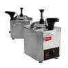 Displayed against a white background are two Cheese Chocolate Sauce Warmer Melter Dispenser Pump Types, featuring stainless steel construction with black handles and control dials.