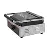 The Commercial Grill Panini Sandwich Big Flat Single Electric Machine 812 is a stainless steel panini press with an adjustable lid, side vents, and a front-panel temperature dial for precise grilling.