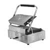 A Commercial Grill Panini Sandwich Big Flat Single Electric Machine 812, made of stainless steel, features a black handle and a partially open lid revealing its flat grill panini surface.