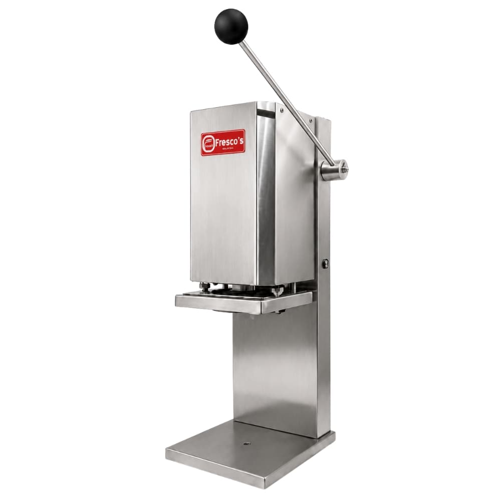 The Potato Cutter Manual Machine LP-Curly features stainless steel construction, a black handle, a red Frescoâs label, and a flat base plateâperfect for flattening, pressing, or cutting potatoes.