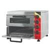 A stainless steel NP-13 double deck commercial pizza oven with a stone base, front-loading door, and three red control knobs on the side.