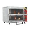 The Commercial Pizza Oven Double Deck Stainless Steel Stone Base NP-13 has a double-deck design with dual compartments, side control knobs, and a handle on the bottom compartment.
