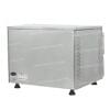 The NP-13 Commercial Pizza Oven has a stainless steel, rectangular design supported by four small black legs. Its double deck enhances cooking efficiency, complete with branding text and a label on the side.