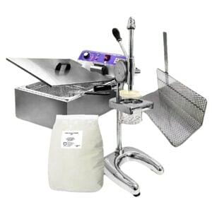 The Business Package includes a 12-hole long potato fryer, metal frying basket, L rack, deep fryer electric 12L, and 2kg of long potato flour to create delicious and unique donuts.