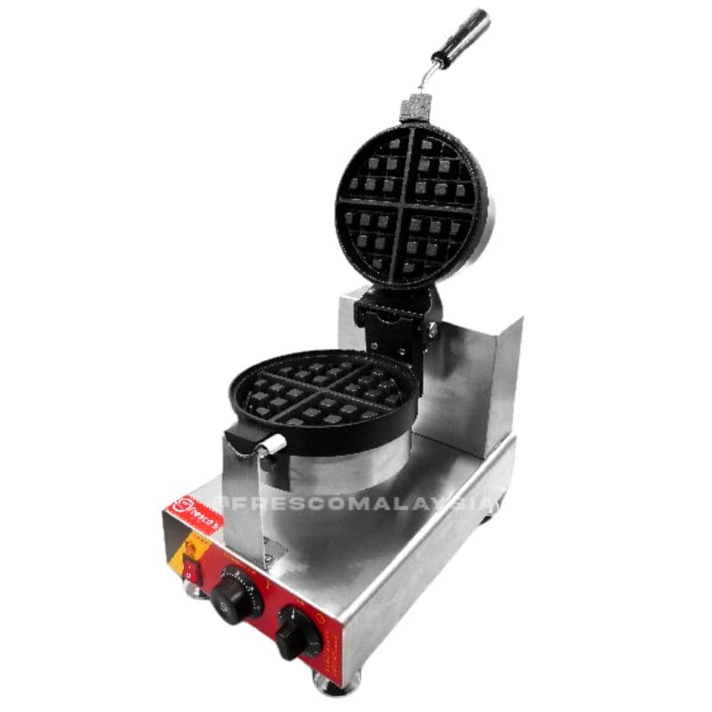 The Waffle Round Shape Deep Electric Machine FR-2205 features a circular iron and adjustable controls, displayed open on a pristine white background.