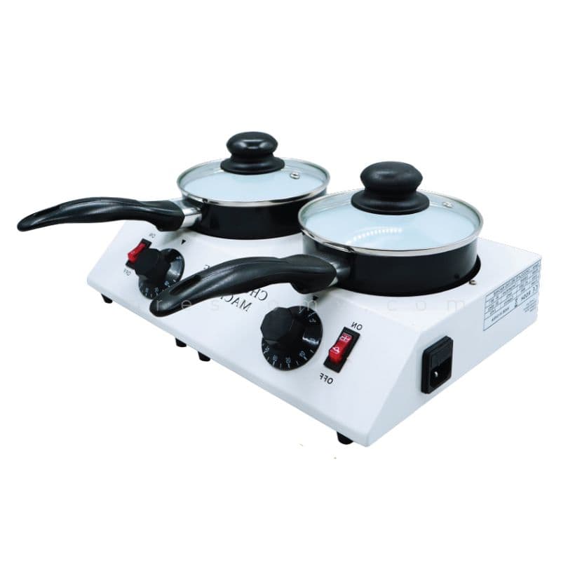 Model FRS20048, the Food Warmer Double Melting Pot, features a double burner hot plate with temperature dials. It includes two pots with glass lids and black handles. Efficient for warming, its power switch is conveniently located on the right side.