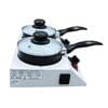 The Food Warmer Double Melting Pot FRS20048, featuring two black and silver pots with glass lids, rests on a white dual burner hot plate. It includes control switches and a side power socket, perfect for stylish melting or cooking.