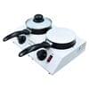 The Food Warmer Double Melting Pot FRS20048 is a dual chocolate melter with two black-handled pans on a sleek white base, featuring temperature control knobs and an on/off switch, ideal for culinary creations.