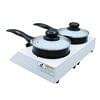 The Food Warmer Double Melting Pot FRS20048 features sleek black pots with glass lids. This white double burner electric stove has side control knobs and a front warning label, making it safe and versatile for any kitchen setup.
