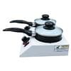 Two black saucepans with glass lids sit on a white Food Warmer Double Melting Pot FRS20048. This model features knobs, switches, and warning labels for safe cooking.