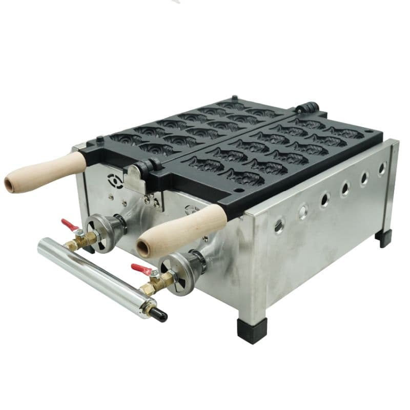 The Taiyaki Fish Waffle Maker Fish Shape Gas Machine DS-1120Y.R features stainless steel construction, two wooden handles, and multiple fish moldsâideal for making tasty treats on your stovetop.