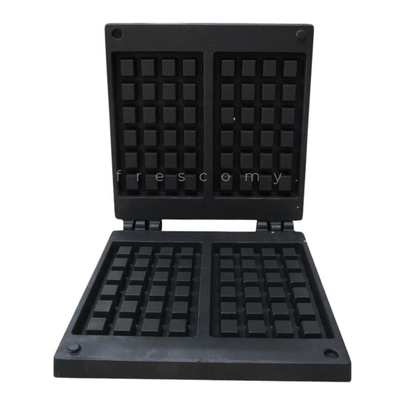 The Waffle Two Rectangle Mould Waffle Spare Part Mold is a black, open waffle iron with two rectangular plates, each featuring a grid pattern for making square waffles.