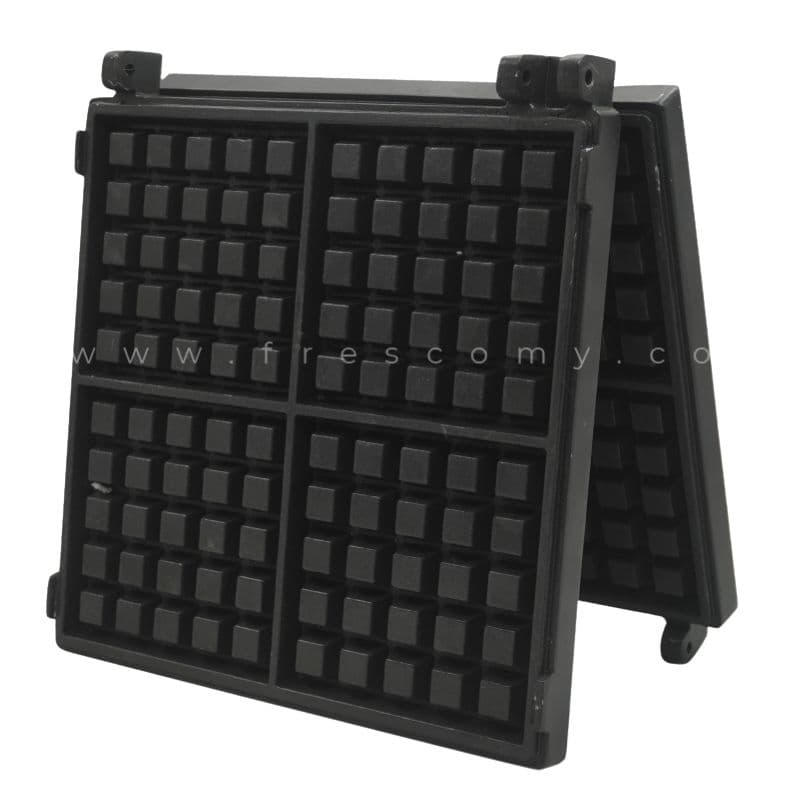 The Waffle Square Deeper Belgian Mould Spare Part Mold is a black, open waffle maker with square grids and a Belgian mould, shown standing upright in an A-frame position.