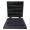 A Waffle Plate Christmas Tree Mould Spare Part Mold, black cast iron and square-shaped, is shown open to reveal its grooved cooking surfaces.