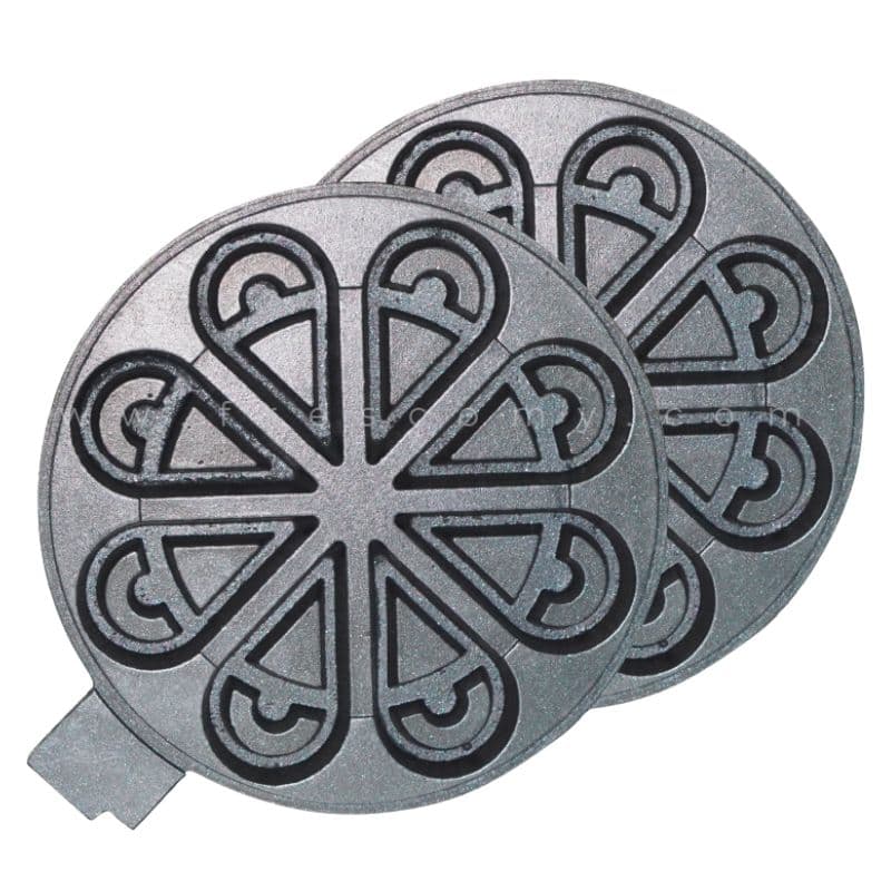 The Waffle Plate Water Tear Round Plate Mould Spare Part features two round cast iron plates with heart-shaped patterns, ideal as a spare part or mould for making waffles and other baked treats.