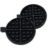 The Waffle Plate Round Deeper Plate Mould Spare Part includes two black round plates with four-section grid patterns and a deeper mould design—ideal as replacement parts for your waffle maker.