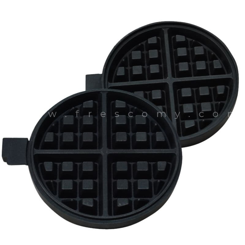 The Waffle Plate Round Deeper Plate Mould Spare Part includes two black round plates with four-section grid patterns and a deeper mould designâideal as replacement parts for your waffle maker.