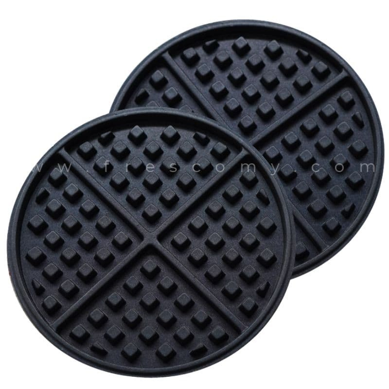 Two black, round Waffle Round Plate Mould Waffle Spare Parts with raised square bumps and four-section divisions overlap on a white background.