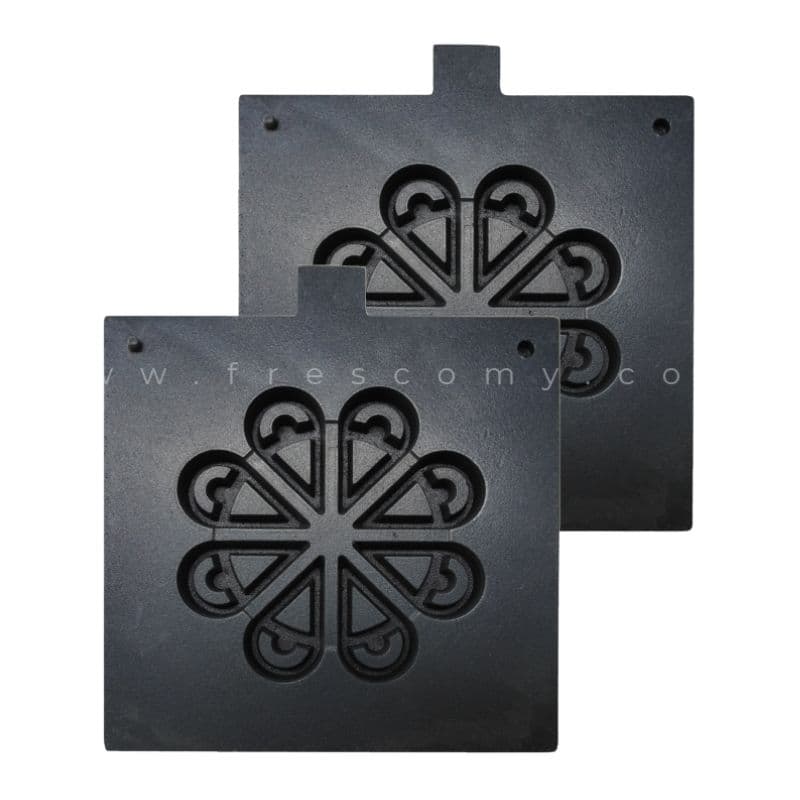 Two black Waffle Plate Flower Water Tear Mould Spare Part PLATE tiles overlap slightly on a white background, each displaying symmetrical, petal-like carved patterns arranged in a circular design.