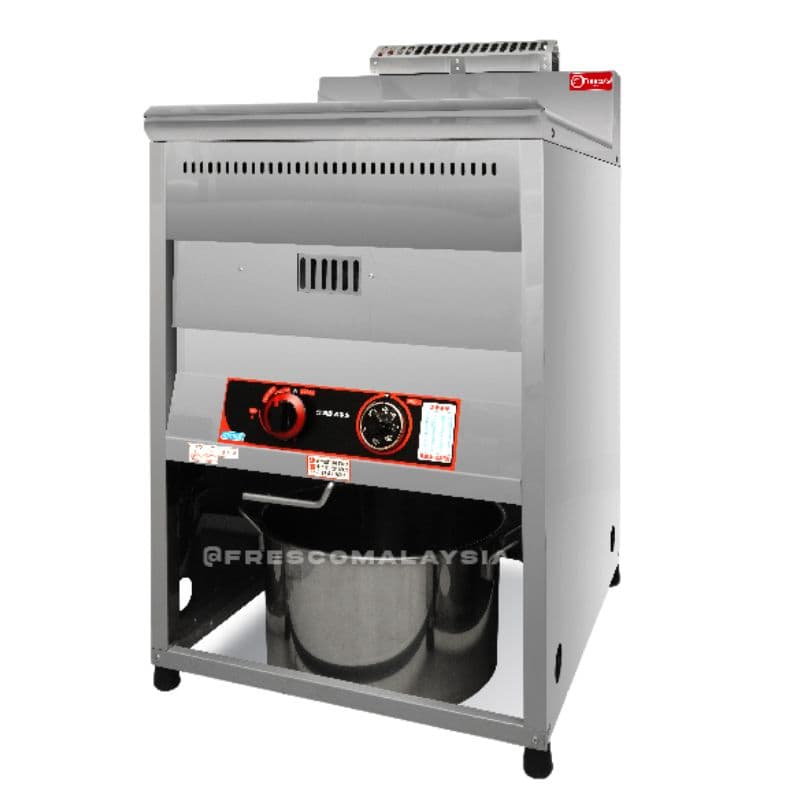 The 40L Deep Fryer Standing Gas DF01 features control knobs, a visible bottom water tank, and stands on four sturdy legs, similar in appearance to a commercial gas noodle boiler.