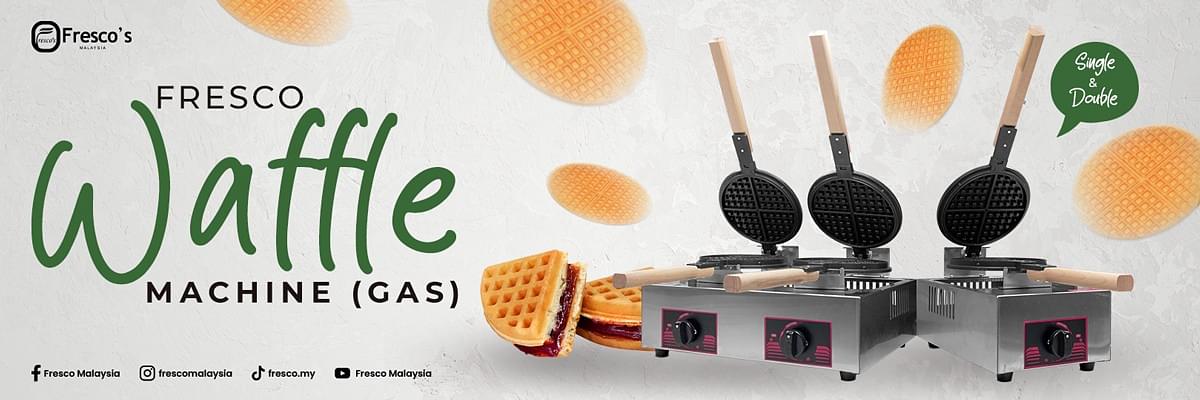 Three gas waffle machines with wooden handles are displayed next to images of waffles and the text "Fresco Waffle Machine (Gas)" on a white background.