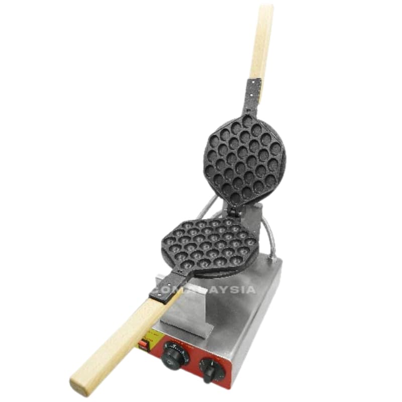 The Waffle Egg Bubble Electric Machine FR-6 features wooden handles, open honeycomb-shaped plates, and a metal base with control knobs.