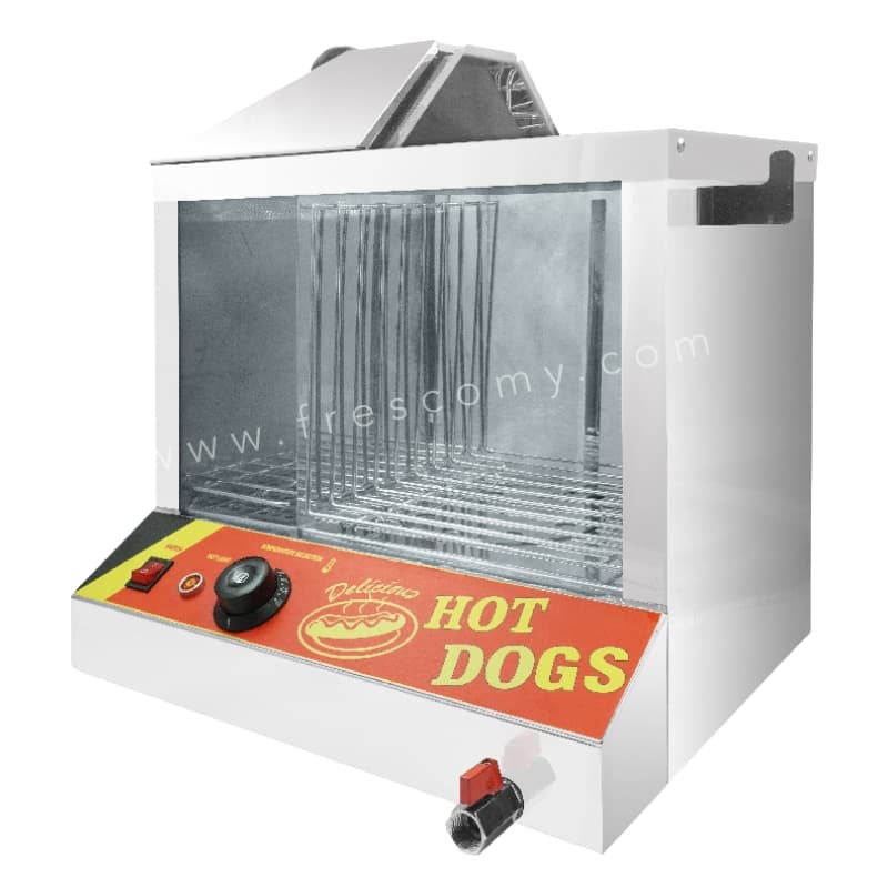 The Hotdog Bun Sausage Steamer Classic Large FRH01 features temperature control and a front panel labeled "Hot Dogs.