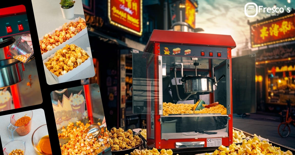 A red Popcorn machine Malaysia in use, surrounded by bowls of popcorn and seasoning, set against a backdrop of an illuminated street with Asian signage, capturing the essence of how to make cinema popcorn at home.