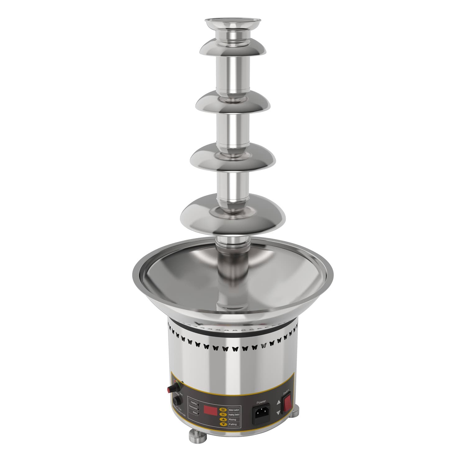The Chocolate Fountain Machine 5 Tier Commercial Digital Version FRS-35A features a large base, control panel, and power switch. Made from stainless steel, it's shown on a white background.