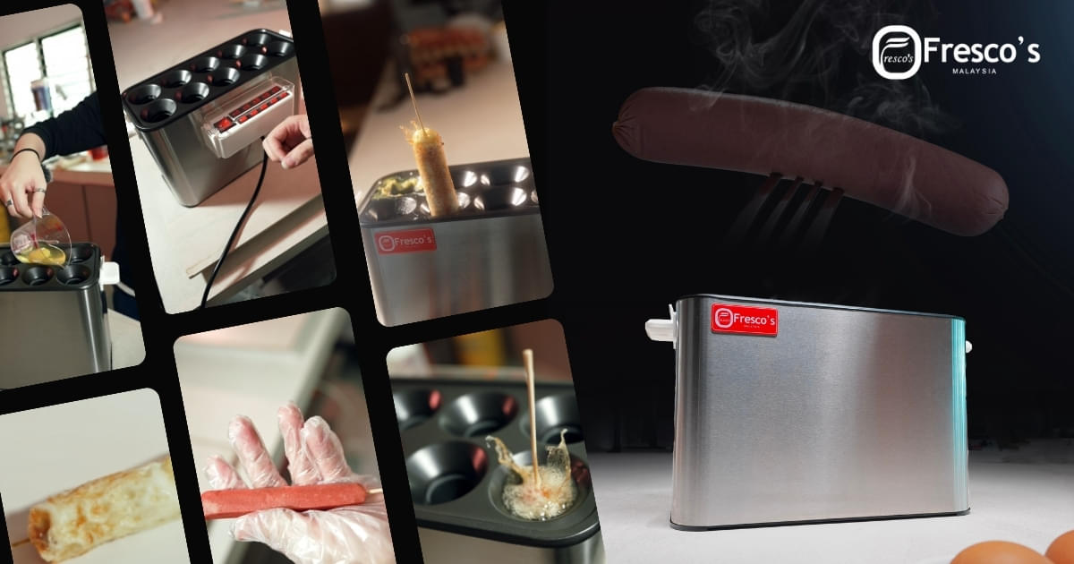 Collage showing a stainless steel Fresco’s sausage and pancake maker in use—with close-ups of batter pouring, a sausage, a cooked roll, the product logo, and tips for how to make waffle ball treats easily at home.