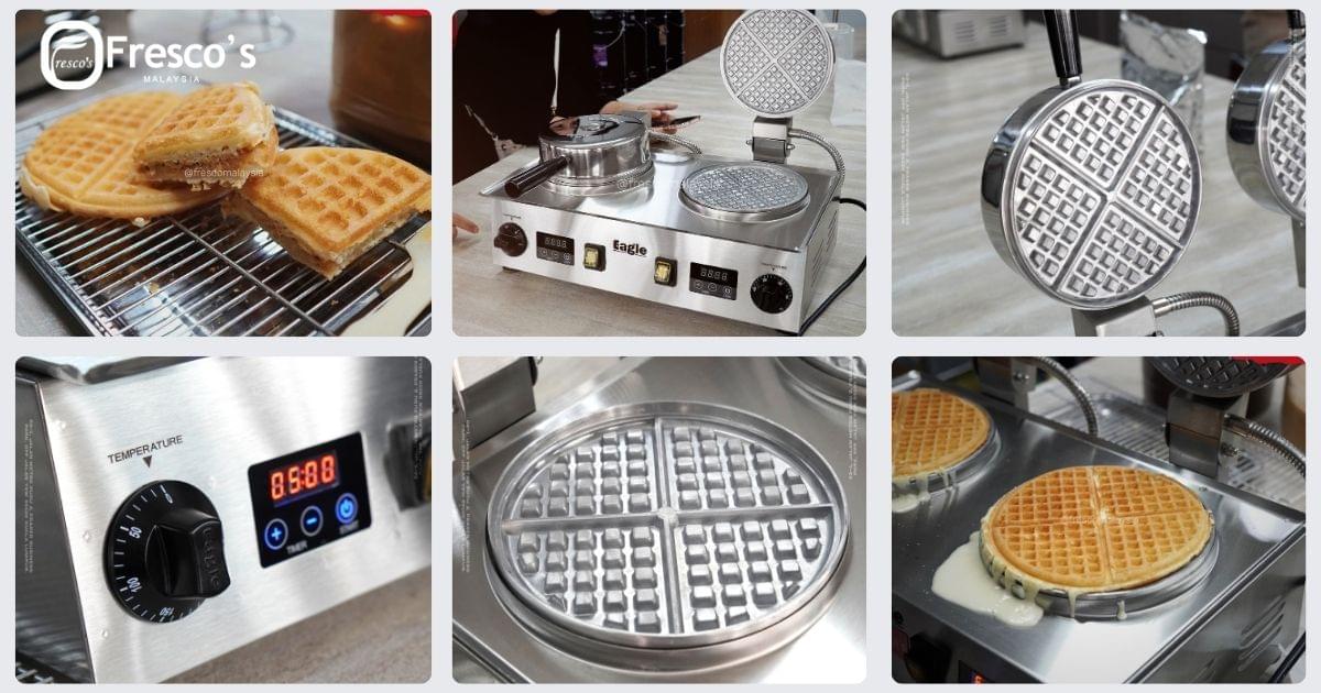 A collage of six images shows a stainless steel waffle maker in use, cooking and displaying waffles, with close-ups of controls and waffle plates—perfect for pairing with popcorn machine demo sessions.