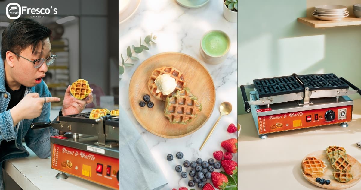 Three images: a man examines a waffle from an Eagle Waffle Machine, a plate with waffles, berries, and cream, and a close-up of the Eagle waffle maker with a finished waffle on the counter.
