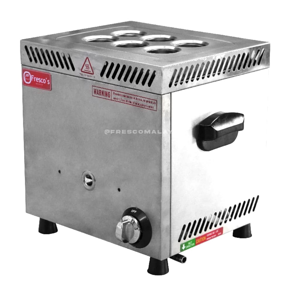 The Sausage Egg Roll Sostel 6 Holes Gas Machine FC-6.R is a stainless steel countertop appliance with six circular openings, a front control knob, and side handle designed for making perfect sausage egg rolls.