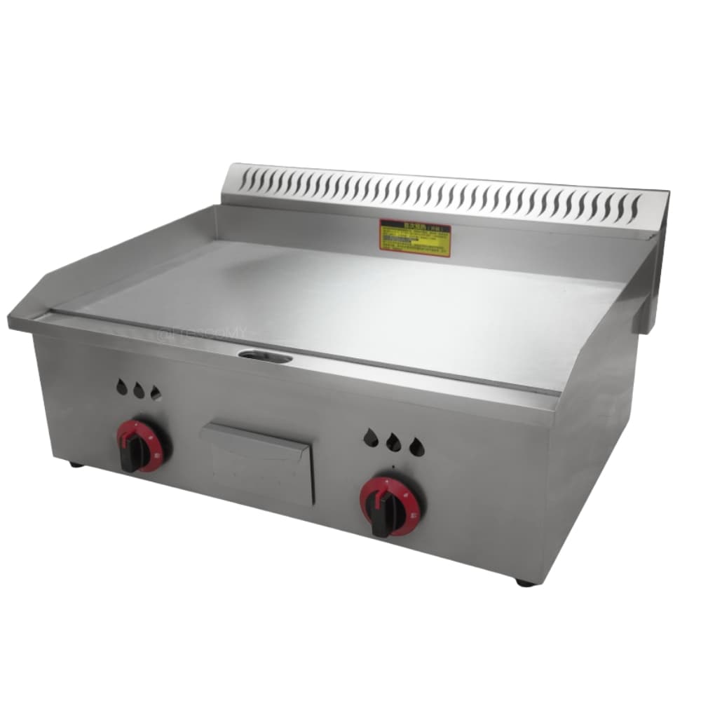 The Griddle Hot Plate Desktop Gas FB-720 has a stainless steel body, dual control knobs, a grease tray, and a vented back panel for efficient commercial cooking.