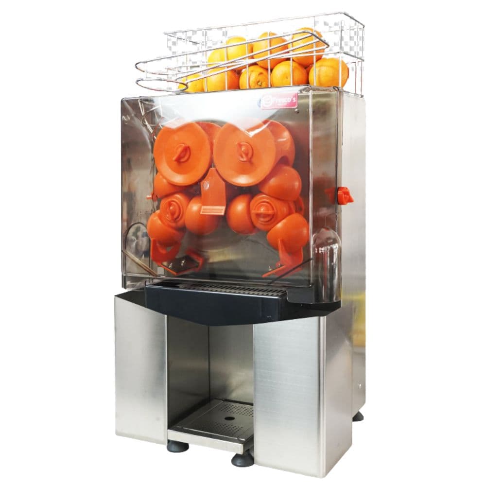 The Fully Automatic Orange Juice Machine JUICER-01 features a basket of whole oranges on top and visible orange juicing mechanisms behind a transparent front panel.
