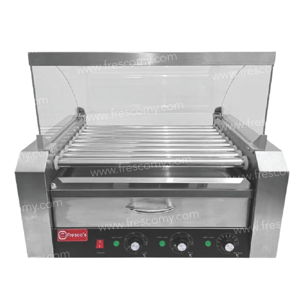 Hotdog Roller Grill With Bun Warmer FEHOT-9 featuring control knobs, a clear glass cover, an integrated bun warmer, and a Fresco's logo on the front panel.